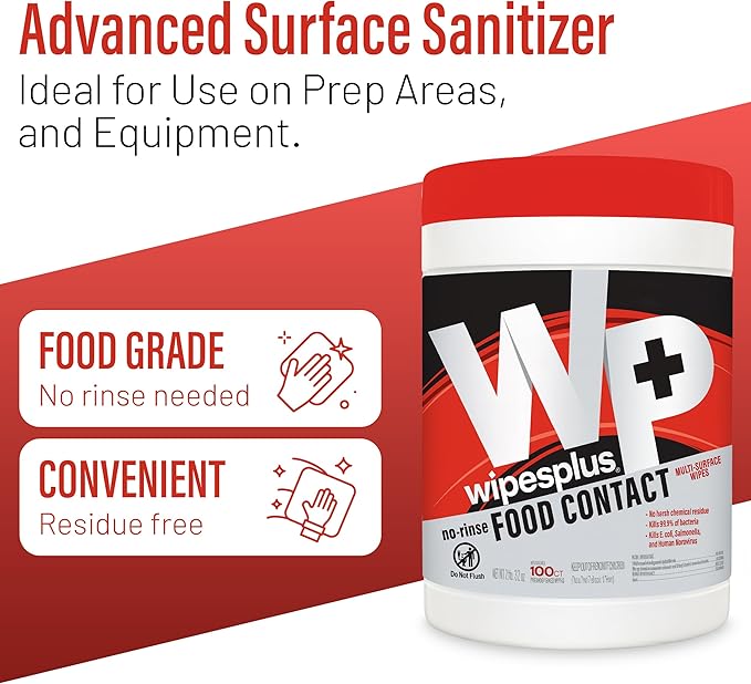 WIPESPLUS No-Rinse Food Contact Wipes Canister Multi-Surface Wipes, Unscented for Home and Business, 100, (1 Pack of 100)