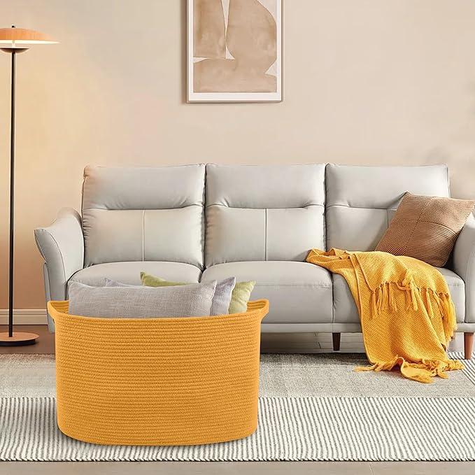 Extra Large Orange Storage Basket, 23.6" x 17" x 12" Rectangle Baskets for Organizing, Blanket Toy Bin Organizer, Colorful Woven Cotton Rope Baskets for Decor