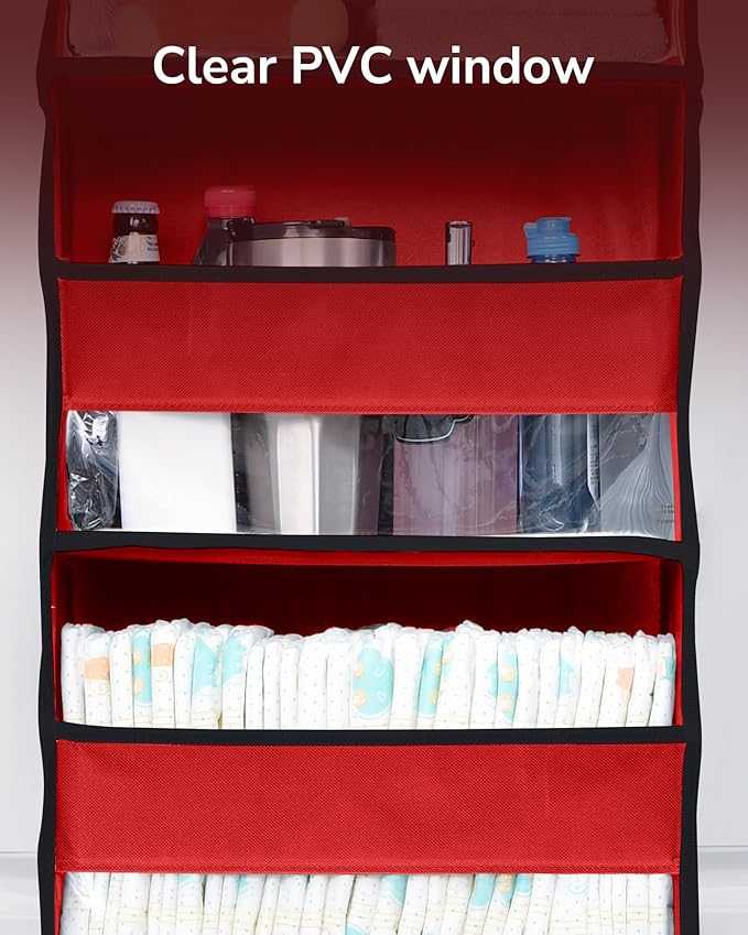 ULG 1 Pack Over The Door Organizer – 5 Shelf Door Organizer Hanging & 10 Side Pockets, Reinforced 44LB Capacity Hanging Organizer, Behind The Door Storage for Bedroom, Nursery, Christmas (Red)