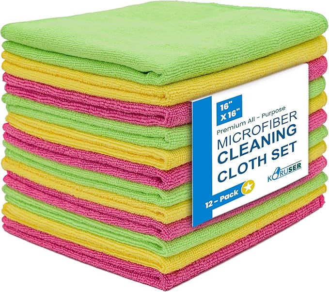 KORUSER Microfiber Cleaning Cloths - Reusable and Washable - Multi Purpose Indoor/Outdoor Cleaning/Dusting/Polishing on Kitchen/Bathroom/Auto Surfaces (12 Pack/High Grammage)
