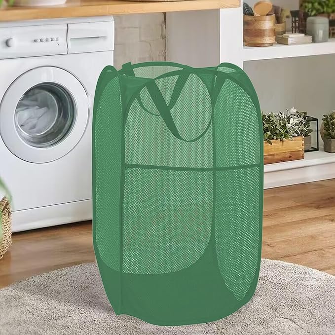 BATTOO Deluxe Strong Mesh Pop up Laundry Hamper Basket with Side Pocket for Laundry Room, Bathroom, Kids Room, College Dorm or Travel Green