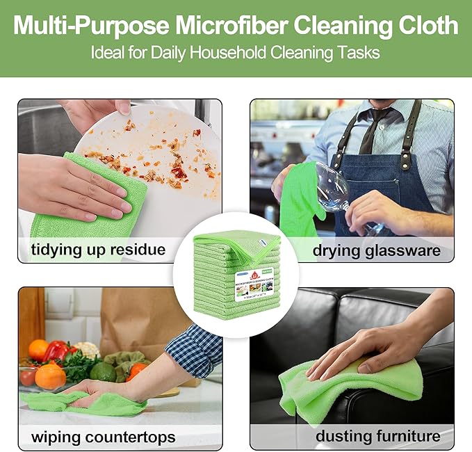 HOMERHYME Microfiber Cleaning Cloth, 12 Pack Green Cleaning Rags,12" X 11" Lint Free Dish Towels Wash Cloths, Reusable Microfiber Towels for Home and Kitchen Bathroom Apartment Cleaning Supplies