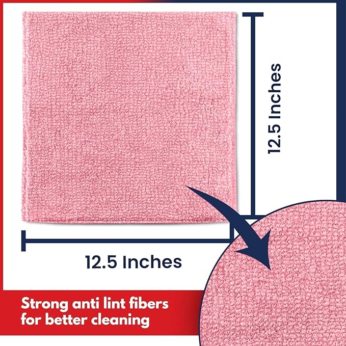 USANOOKS Microfiber Cleaning Cloth Light Pink - 12 Pcs 12.5"x12.5" - High Performance - 1200 Washes, Ultra Absorbent Towels Weave Grime & Liquid for Streak-Free Mirror Shine - Car Washing Cloth