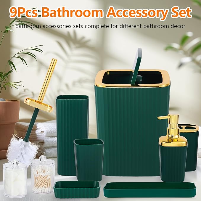 Bathroom Accessory Set,9 Pieces Dark Green Bathroom Accessories Set with Trash Can, Toothbrush Holder, Soap Dispenser, Toothbrush Cup, Vanity Tray, Soap Dish, Toilet Brush, Qtip Holder