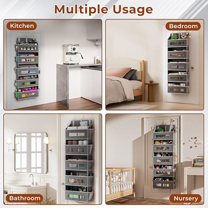 2 Packs 5-Tier Over the Door Organizer with 10 Side Mesh Pockets, 48 lbs Load Capacity, 3 Hooks Design, Hanging Storage Organizer with Clear Windows for Bathroom, Bedroom, Nursery, Kitchen-Grey