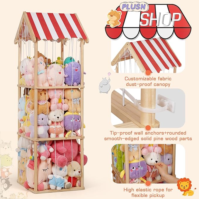 Stuffed Animal Storage, Space Saving Vertical Stuffed Animal Holder Wood, Easy Assembly Cottage-Style Plush Toys Organizer for Kids Bedroom & Playroom (Wood, Large)