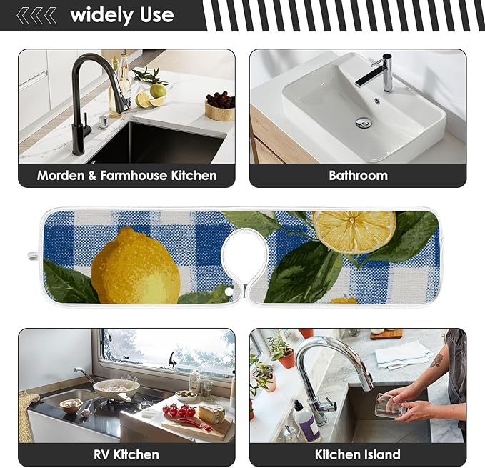 Sink Faucet Absorbing Mat Kitchen Sink Splash Guard Splash Faucet Drip Catcher for Bar RV Bathroom 2PCS 30x5.5in Blue and White Gingham Summer Lemons