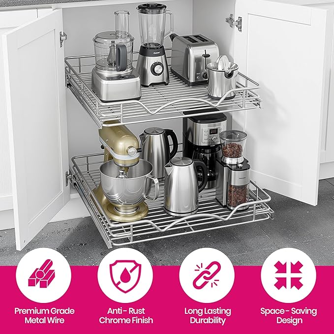 2-Tier Pull-Out Cabinet Organizer with Heavy-Duty Steel Frame, Full-Extension Sliding Shelves, Holds 100 lbs, Easy Install for Kitchen, Pantry & Under Sink Cabinets, 26" W x 21”D x 16.5" H