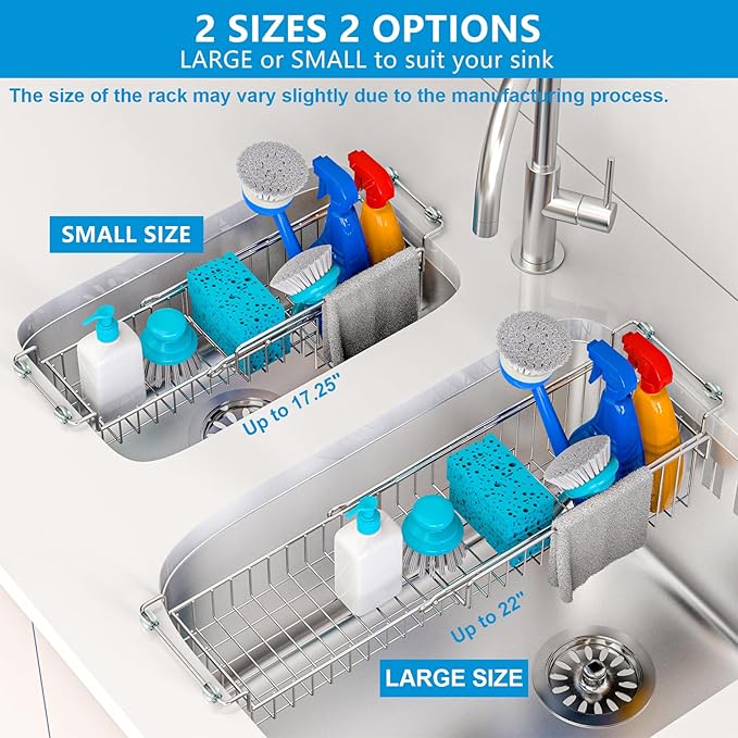Over The Kitchen Sink Caddy Sponge Holder Organizer Drying Rack Expandable for Sponge Brush Soap Dish Cloth Rag Smaller 12.25" to 17.25", Stainless Steel