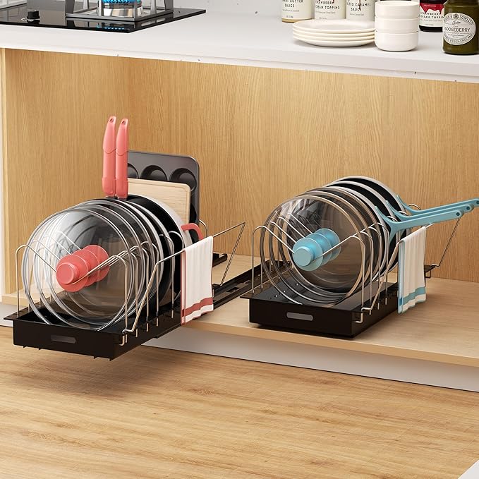 Golener 2 Packs Fixed Pots and Pans Organizer Under Cabinet, No Drill Slide-Out Pan Organizer with Adjustable Dividers & Handle Bracket, Pot Lid Holder, Pan Storage Inside Cabinet for Kitchen