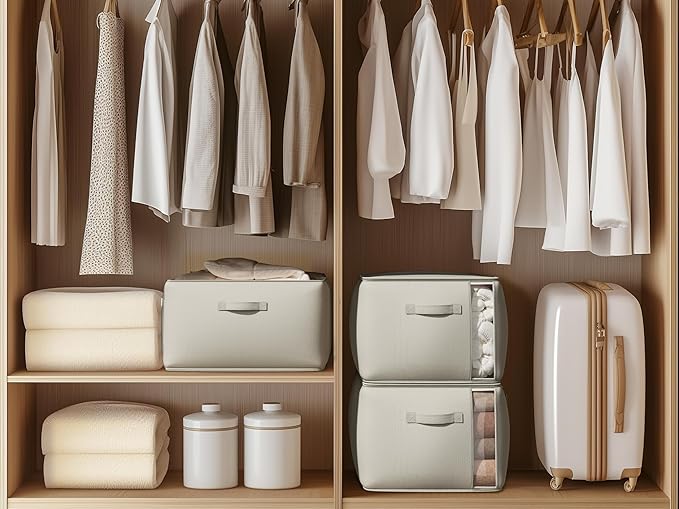 Vailando Large Canvas Comforter Storage Bags Closet Organizer for Clothes Sweater Clothes Organizer with Dual Zipper Three Carrying Handles for Blanket Closet Storage Container, 6 Pack, Grey