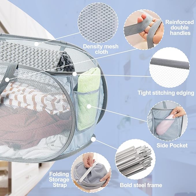 4PCS Mesh Laundry Hamper,Collapsible Laundry Baskets,75L Large Foldable Dirty Laundry Clothes Hamper Storage Basket Horizontal with Side Pocket&carry Handle for Home Travel, 2PCS Grey & 2PCS Emerald