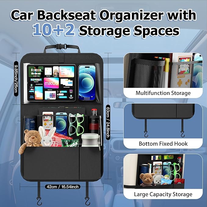 KaiCross Car Backseat Organizer with Table Holder,10 Storage Pockets Backseat Car Organizer and Storage with 600D Oxford Cloth,Travel Essentials,Kick Mats Back Seat Protector-2 Pack