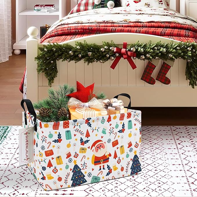 QUEENLALA Rectangular Laundry Hamper/Foldable Nursery Laundry Basket for Organizing/Storage Bin Baskets/Children Toy Office Bedroom/Toy Bin Closet Shelf Baskets（Rec-Father Christmas）