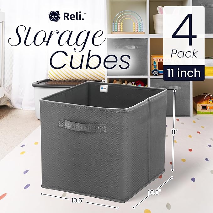 Reli. 11 Inch Cube Storage Bins (4 Pack) | Cube Organizer Bins | 11x11 Fabric Storage Boxes | Collapsible, Foldable Fabric Cubby Box (Square) | Kids Room Organization (Dark Gray)