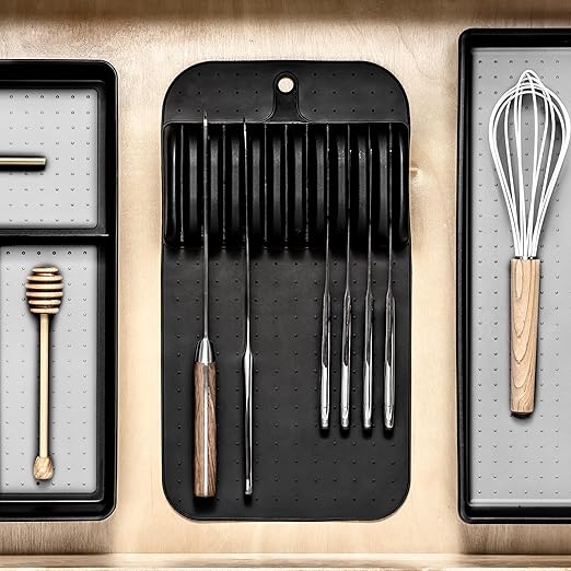 madesmart Large Knife Mat, Soft-Grip In Drawer Knife Organizer for 12 Knives, Non-Slip Kitchen Drawer Storage, Space Saving Knife Block Alternative, Carbon