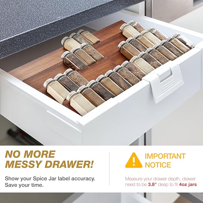 Tinamo Acacia Wooden Spice Rack Organizer for Cabinet - Spice Drawer Insert, Spice Organization for Cabinet, Seasoning Organizer, Spice Holder Pack of 4 (Acacia pack 4)