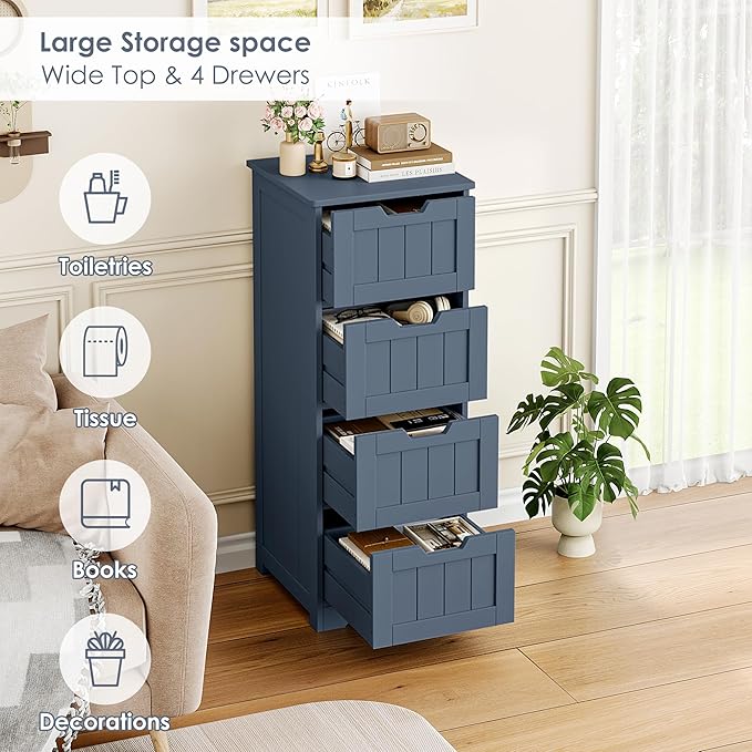 FOTOSOK Bathroom Storage Cabinet, Bathroom Cabinet with 4 Drawers, 11.8” x 11.8” x 32.5” Freestanding Entryway Cupboard Storage Organizer Unit Home Furniture Decor, Blue