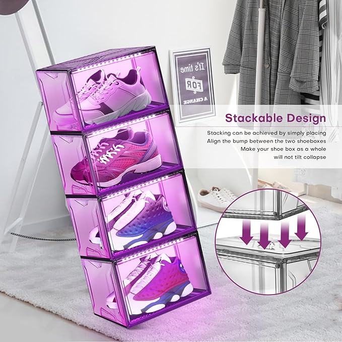 Shoe Storage Organizer for Closet, Foldable Shoe Boxes Rack 2 pack, Clear Plastic Stackable Containers Bins Holder, Magnetic Sneaker Shelf for Sneakerheads with LED Lights Grey