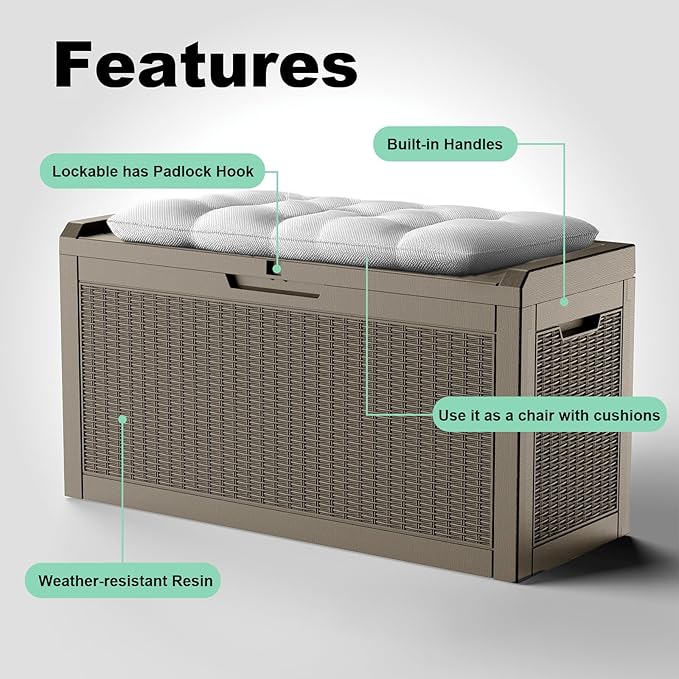 60 GallonOutdoor Storage Box,Resin Deck Boxes Waterproof, IndoorOutdoor Bin for Package Delivery, Patio Cushions, Gardening Tools, Lockable, UV Resistant
