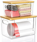 Trash Bag Dispenser 2 Pack, Stackable Trash Bag Holder with Bamboo Lid – Clear Plastic Garbage Bag Organizer for 4-33 Gal Bags, Space-Saving Under Sink Organizer for Kitchen, Laundry, Pantry