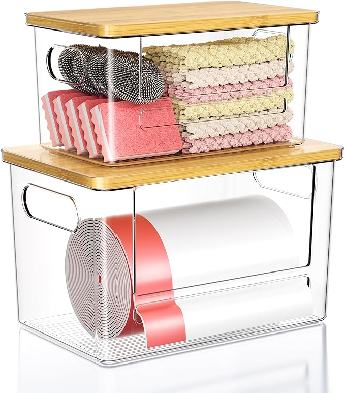 Trash Bag Dispenser 2 Pack, Stackable Trash Bag Holder with Bamboo Lid – Clear Plastic Garbage Bag Organizer for 4-33 Gal Bags, Space-Saving Under Sink Organizer for Kitchen, Laundry, Pantry