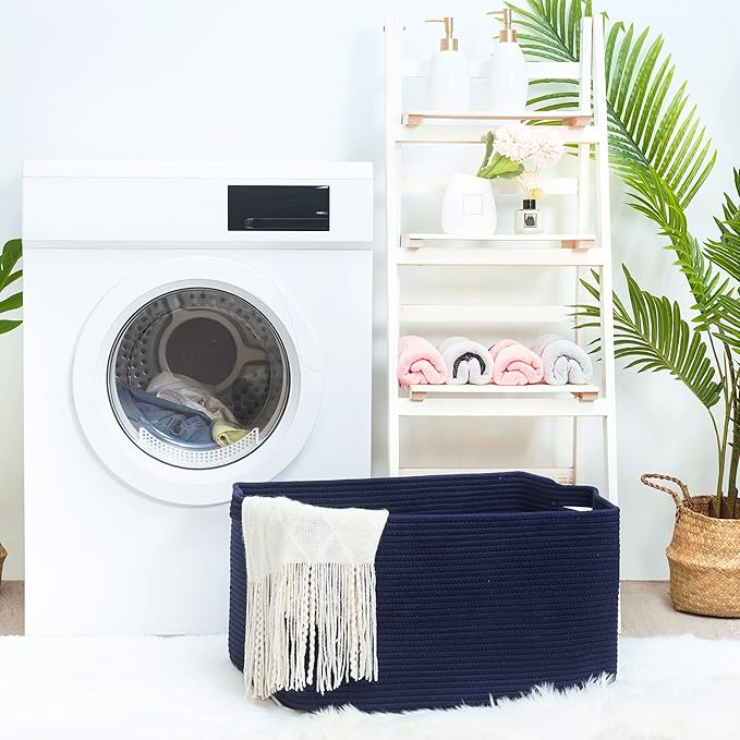 MINTWOOD Design 22in Extra Large Blanket Basket Holder Living Room, Rectangle Rope Woven Storage Basket with Handles for Laundry, Pool Towels, and Shoes, Dog Toy Organizer Bin Box, Full Navy