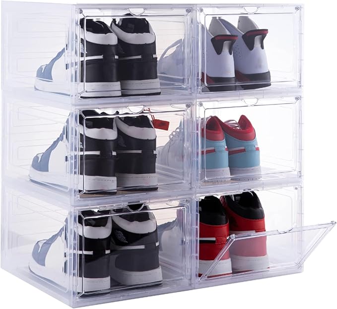 Shoe Organizer Shoe Storage Boxes, 6 Pack Large Drop Front Shoe Boxes with Magnetic Door, Clear Plastic Stackable Shoe Containers (Clear White)