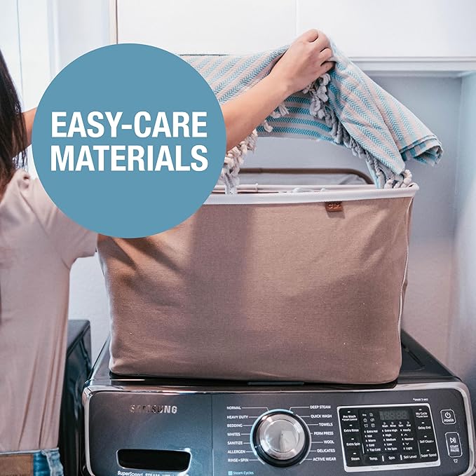 CleverMade Collapsible Laundry Basket LUXE 2 Pack – 60L (16 Gal) Foldable Cotton Blend Clothes Hamper with Vegan Leather Accents, Reinforced Handles, Space Saving Laundry Bin Holds 55 lbs - Mocha