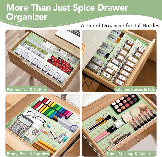 Expandable Spice Drawer Organizer (11"-22"), 3-Tier Slanted Kitchen Cabinet Rack with Labels & Funnel, Adjustable for Standard & Tall Bottles, Versatile for Bathroom & Office – Jars Not Included