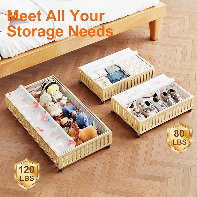 Bamboo Under Bed Storage Containers with Wheels, 40L UnderBed Drawers with Dust Bag, Breathable Under Bed Shoe Storage, Rolling UnderBed Clothes Storage, 1Pack