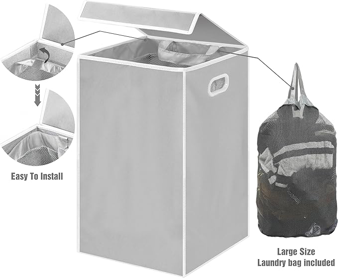Simple Houseware Foldable Laundry Hamper Basket with Lid and Removable Bag, Gray