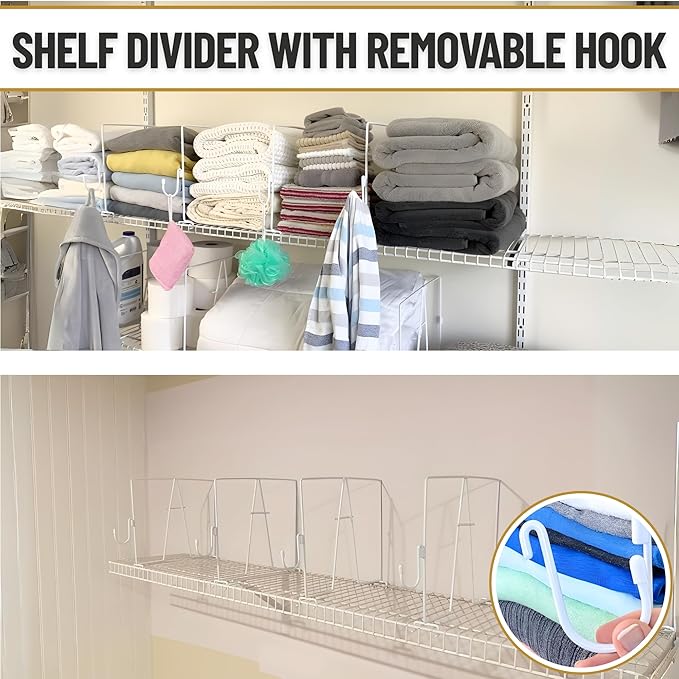 Evelots Wire Shelf Dividers - Extra Closet Organization and Storage for Home or Office -4 Pack- New Removable Hooks - Tall Shelf Separators - Easy to Clip -No Tool- Sturdy Coated Steel - 12 Inch Tall