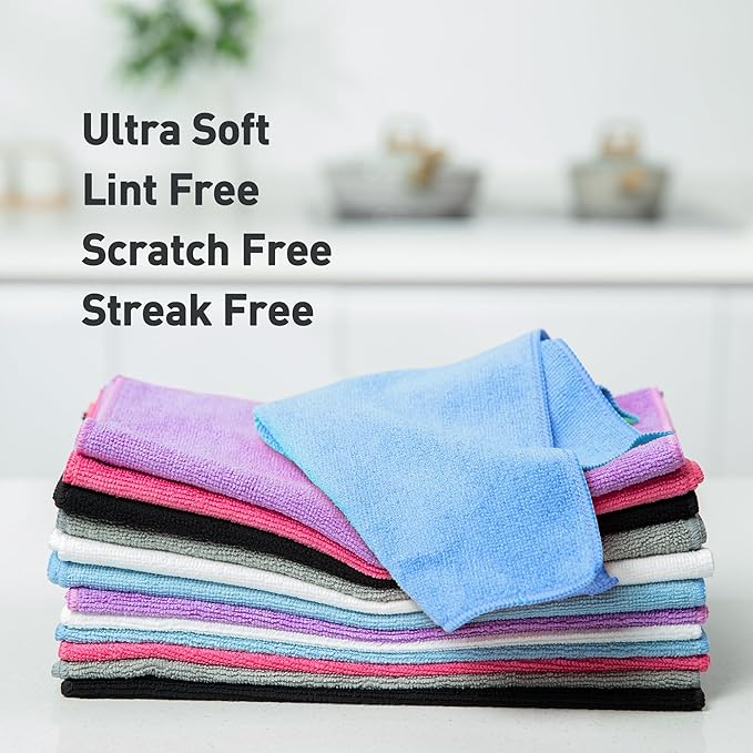 WEAWE Blue Microfiber Cleaning Cloth 13"x13", Ultra Soft Absorbent Microfiber Cleaning Rags for Housekeeping Cleaning Supplies, Lint Free Reusable Cleaning Cloths for House Washable, Pack of 12