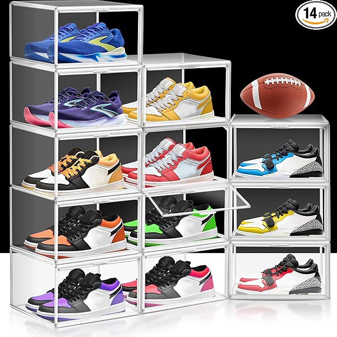 14 Pack Clear Shoe Boxes Size 12 Shoe Storage Organizer for Closet Stackable Shoes Rack Handbag Organizer Plastic Sneaker Storage Bin with Magnetic lids