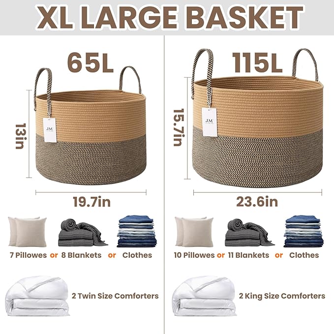 115L Extra Large Blanket Basket for Living Room - Woven Cotton Rope Laundry Hamper with Reinforced Handles - Storage Bin for Pillows, Comforters & Toys - Machine Washable,Jute&Black