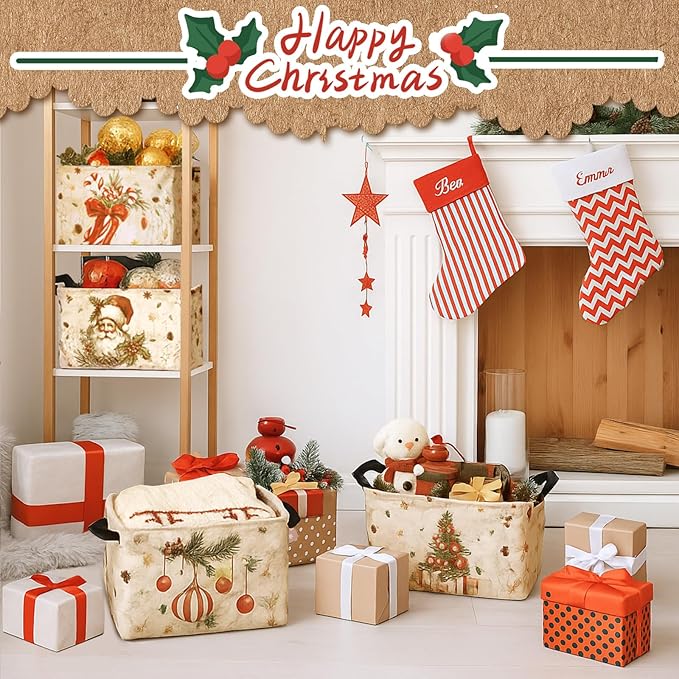 4 Pack Christmas Storage Bin Collapsible Large Christmas Storage Baskets for Gifts Xmas Tree Canvas Laundry Basket Foldable Box with Handle for Office Home Bedroom Clothes Toys Holiday Decor