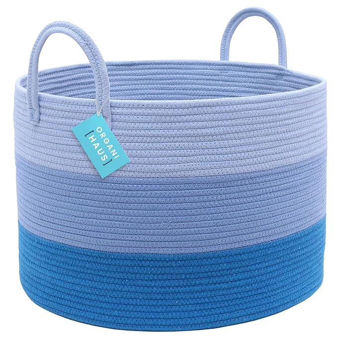 OrganiHaus Large Woven Storage Basket for Blankets and Toys 20" x 13" Inch, Rope Laundry Basket with Handles, Cushions & Pillows Storage Bin, Nursery Hamper, Soft Round Dog Toy Bin - Blue