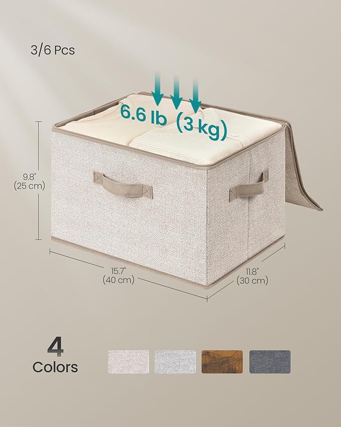 SONGMICS Foldable Storage Organizer Boxes, Set of 3 Storage Basket Bins with Lids, Handles, Clothes Organizer, 15.7 x 11.8 x 9.8 Inches, Non-Woven Fabric, Summer Sand URZB003K01