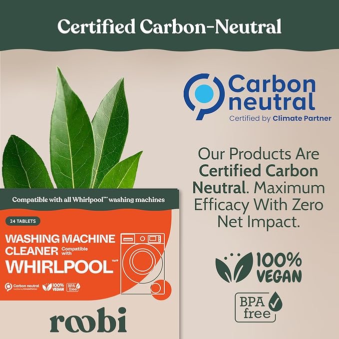 Roobi Washing Machine Cleaner Tablets. Compatible with Whirlpool and All Washing Machine Brands and Models. Septic Safe Deep Clean Formula. Carbon-Neutral 24-Pack Cleaning Tablets.