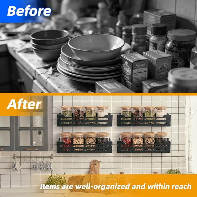 GELYA 4 Pack Wall Mounted Spice Rack, Space-Saving Metal Spice Organizer, Screw/Adhesive Hanging Seasoning Rack for Kitchen Wall, Cabinet & Pantry Door, One-Piece Formed