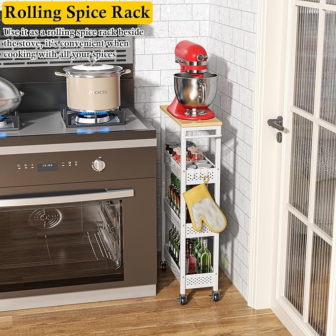Utility Slim Storage Cart, 4 Tier Small Rolling Kitchen Laundry Room Cart with Wood Top, Metal Narrow Bathroom Storage Cabinet Mobile Shelf Unit Organizer Trolley with Handle for Narrow Space
