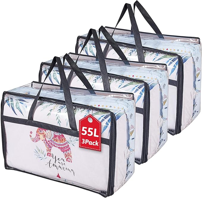 Clear Clothes Storage Bag Organizer with Reinforced Handle, Vinyl Storage Bags for Comforter, Blanket, Bedding, Toys, Transparent Moving Totes with Sturdy Dual Zippers, 3 Pack, 55 L, Black