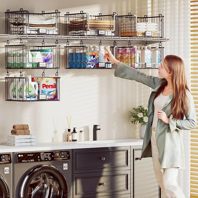 3-Pack Hanging Laundry Organizer, Stackable Wire Shelf Storage with Label Cards, Foldable Metal Baskets with 360°Rotating Hooks,Space-Saving for Laundry Room, Closet & Pantry, 11"×15" Large,Black