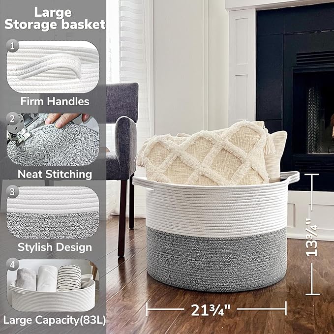 Goodpick Extra Large Rope Basket, 83L Blanket Basket Living Room, Baby Toy Storage, Woven Storage for Clothes, Big Toy Bin for Kids Organizer, 21.7 x 13.8 inches