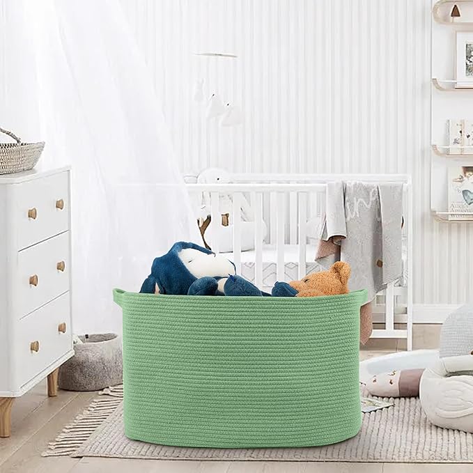 Large Green Baskets for Organizing, 23.6" x 17" x 12" Rectangle Blanket Holder Organizer, Kids Toy Storage Bins, Woven Rope Storage Basket, Green Home Decor Basket, Baby Nursery Storage