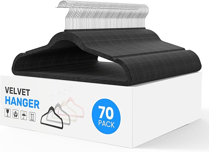 Simple Deluxe 70 Pack Velvet Hangers, Non-Slip Felt Hangers with Shoulder Notches, Space Saving Heavy Duty Clothes Hangers for Coat, Pants, Suit, Sweater, Black
