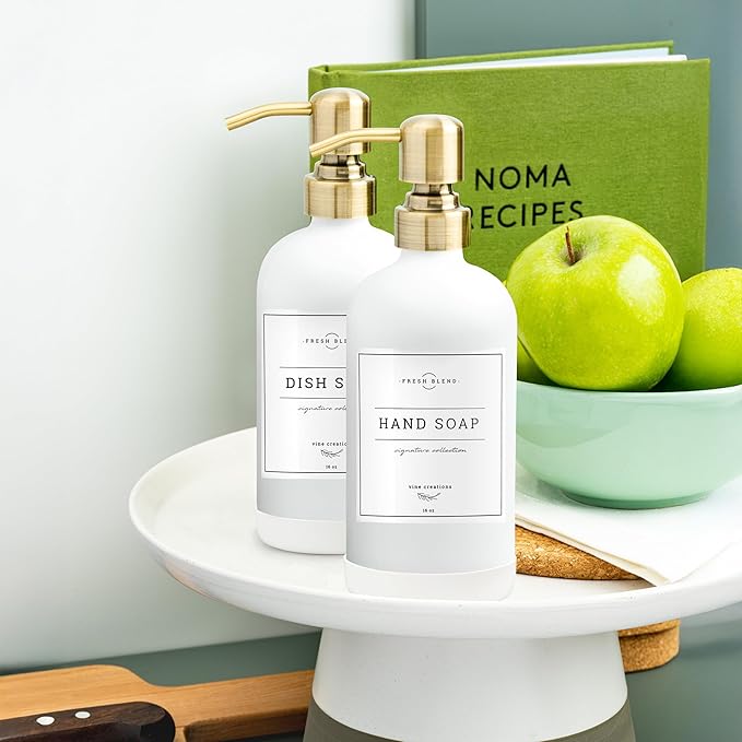 Vine Creations White Glass Soap Dispenser, 2 Pack Kitchen Soap Dispenser Set with Stainless Steel Pump, 16 oz Dish Soap and Hand Soap Dispensers for Bathroom with Waterproof Labels