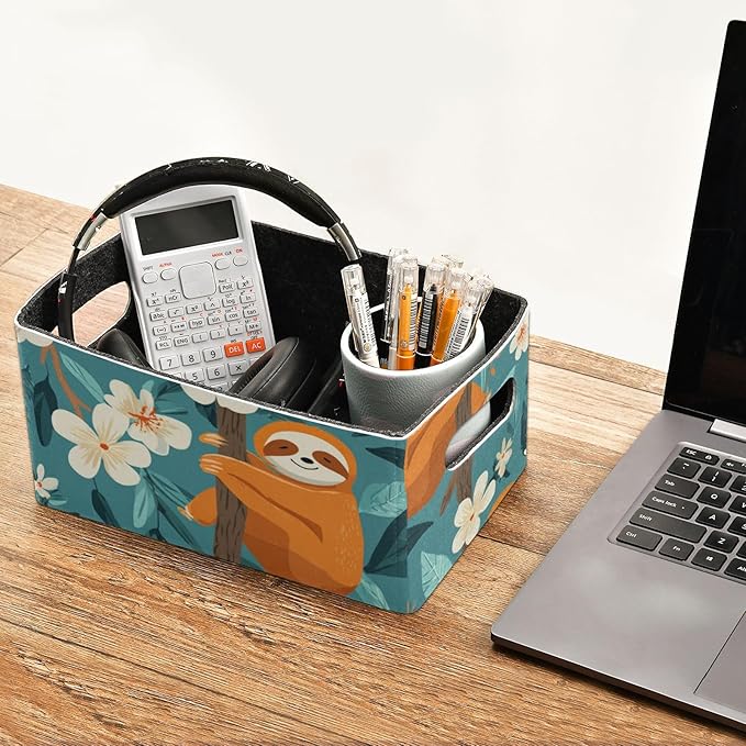 Closet Storage Bins 2 Pcs Felt Open Home Storage Containers Organizer with Handles Collapsible Shelf Basket for Home Office Craft Room Classroom Fabric Sloths Flowers Blue
