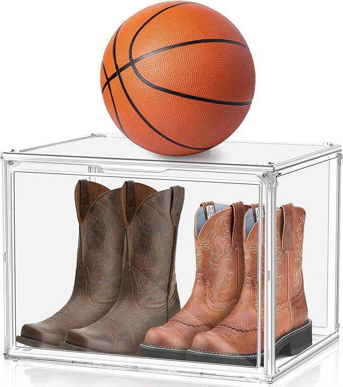EDS FAM 1 Pack XXX-Large Clear Tall Boot Storage Box 17.7''x13''x13'' Acrylic Display Case with Magnetic Lid Handbag Organizer Clear Storage Bins for Trophy, Helmet, Tall Boots, Figure Collectibles